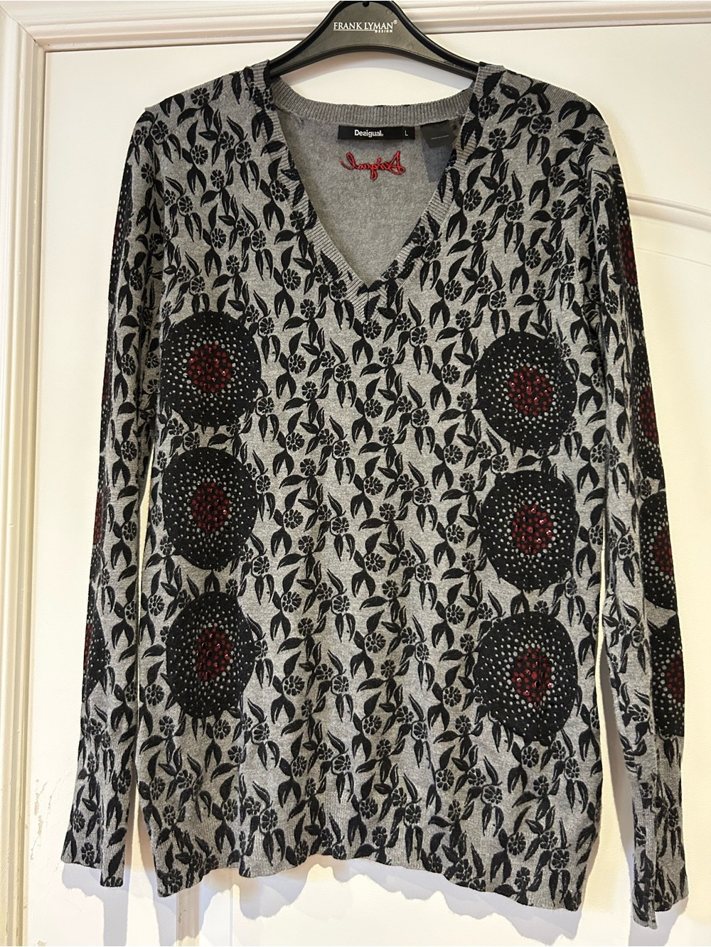Desigual Gray V-Neck Sweater with Black Floral Motif and Red Dot Accents